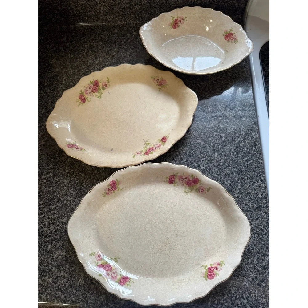 Vintage Buffalo Pottery China Bowl‎ And Platters Rose Floral Design